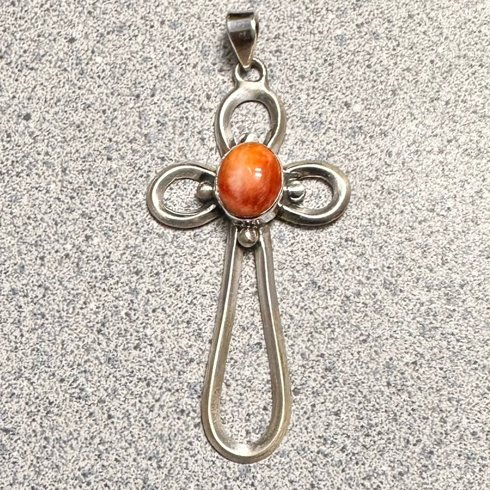 Large Unique Orange Spiny Oyster Cross Pendant